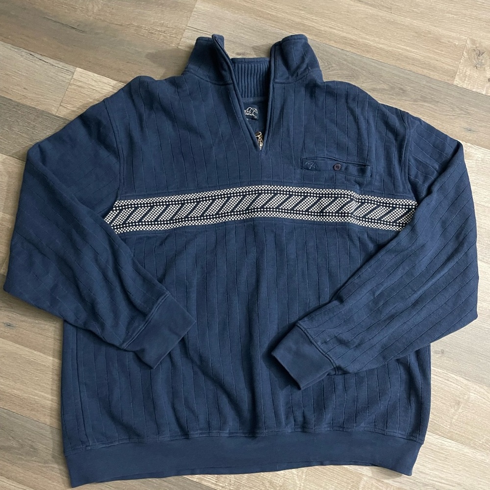 Vintage inspired Arnold Palmer Men's Navy Half-Zip Sweater with Patterned Chest
